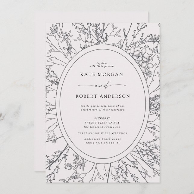 convite de casamento floral moderno esboçado (Frente/Verso)