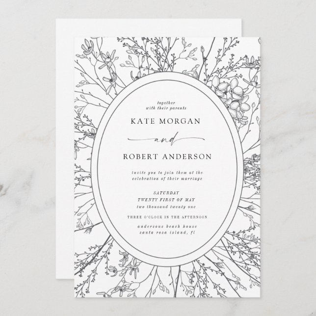 convite de casamento floral moderno esboçado (Frente/Verso)