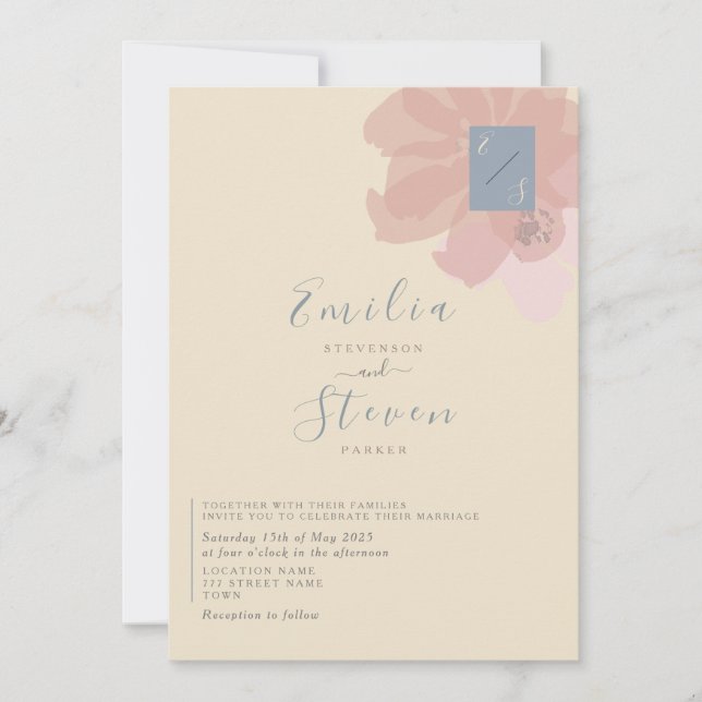 Convite de Casamento Floral Moderno Rosa Azul (Frente)