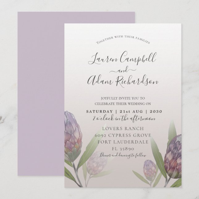 Convite de Casamento Floral Moderno Roxo (Frente/Verso)