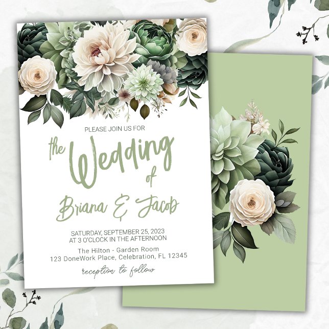 Convite de Casamento Floral Moderno Verde Salvia (Criador carregado)