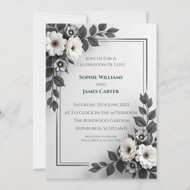 Convite de Casamento Floral Monocromático | Preto  (Frente)