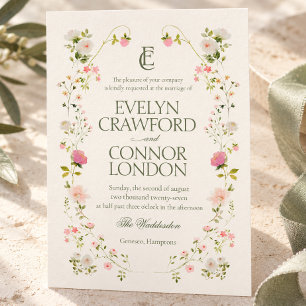 Convite de Casamento Floral Monograma Botânico Ros