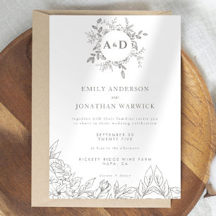 Convite de Casamento Floral Monograma Cinza Minima