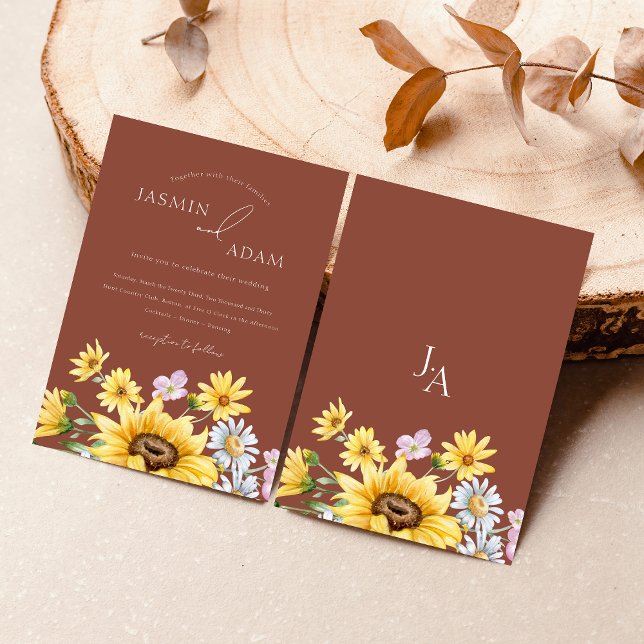 Convite de Casamento Floral Monograma de Girassol  (Summer Terracotta Sunflowers Monogram Wedding Invitation)