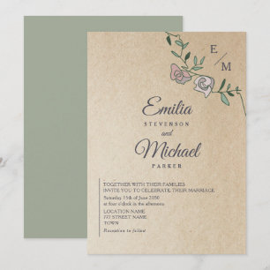 Convite de Casamento Floral Monograma Rustic Kraft