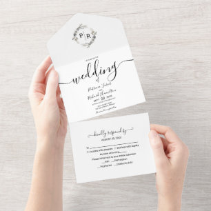 Convite de Casamento Floral Monograma Tudo em Um