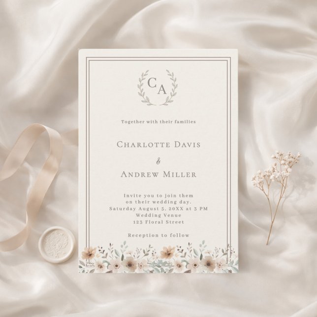 Convite de casamento floral monogramado com coroa  (Criador carregado)