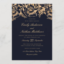 Convite de Casamento Floral Naval Dourado Vintage