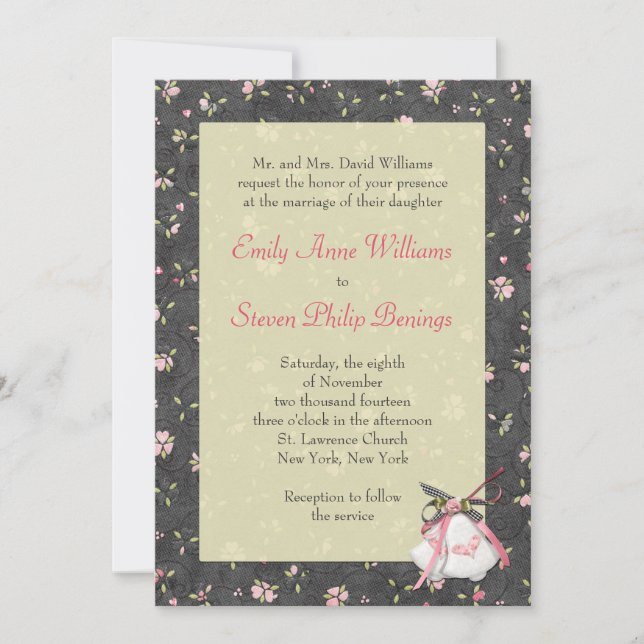 Convite de Casamento Floral Negro com Sinos de Igr (Frente)