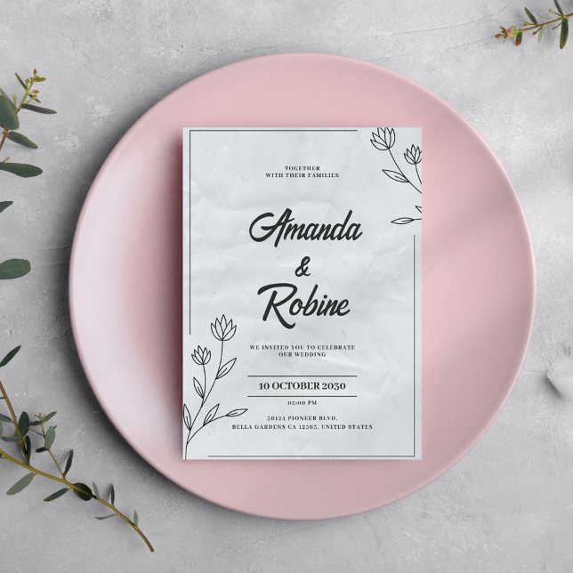 Convite de Casamento Floral Negro e Branco Minimal (Criador carregado)