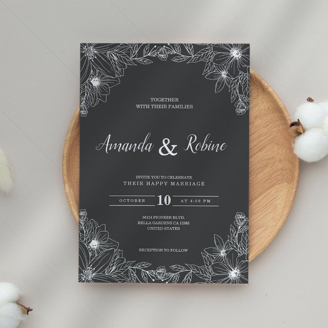 Convite de Casamento Floral Negro e Branco Minimal (Criador carregado)