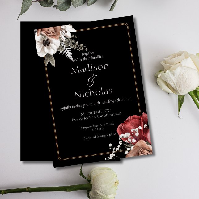 Convite de Casamento Floral Negro Elegante (Elegant black floral Wedding Invite)