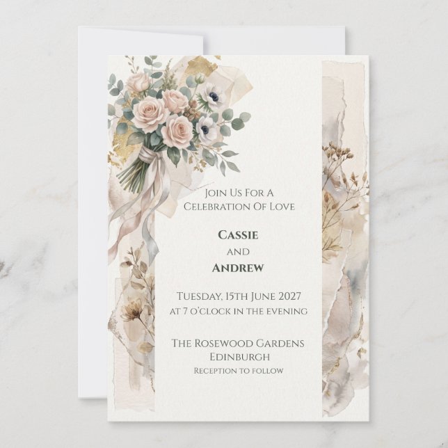 Convite de Casamento Floral Neutro Pêssego (Frente)