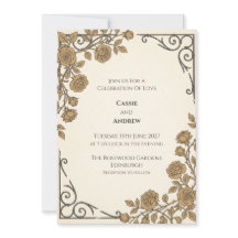 Convite de Casamento Floral Ornate Dourado Antigo