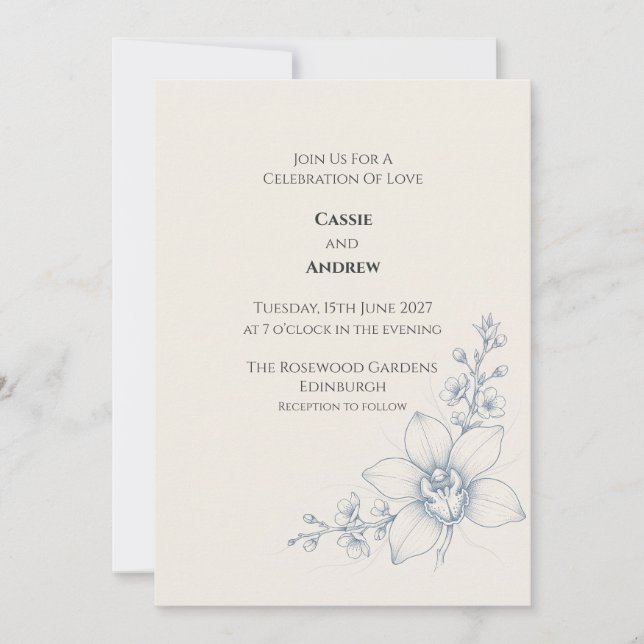 Convite de Casamento Floral Orquídea Azul Pálido (Frente)