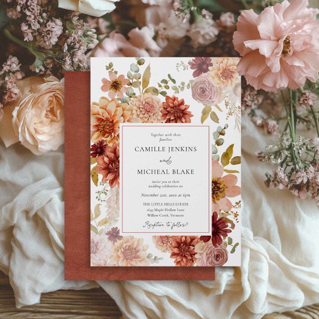Convite de Casamento Floral Outonal Romântico (Fall Burgundy Rustic Wedding Invitation)