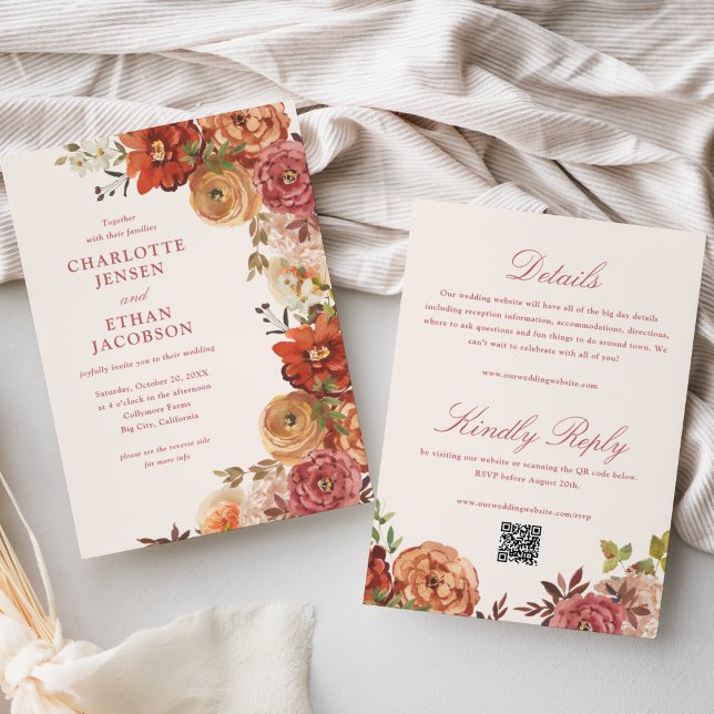 Convite de Casamento Floral Outonal Rústico Dupla  (Criador carregado)