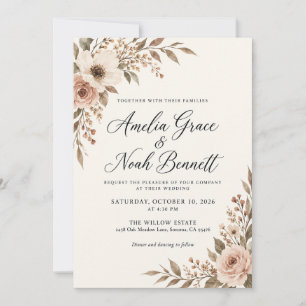 Convite de Casamento Floral Outonal Rústico Neutro