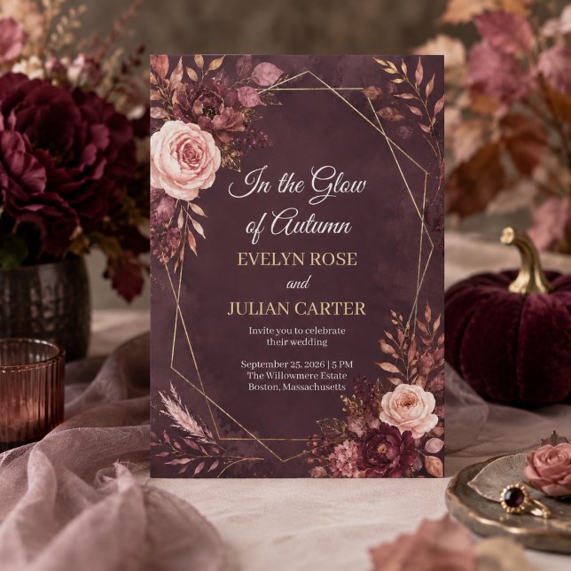 Convite de Casamento Floral Outono em Dourado Borg (Criador carregado)