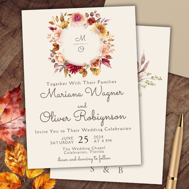 Convite de Casamento Floral Outono Marfim Borgonha (Criador carregado)