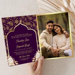 Convite de Casamento Floral Paisley em Ouro Roxo C