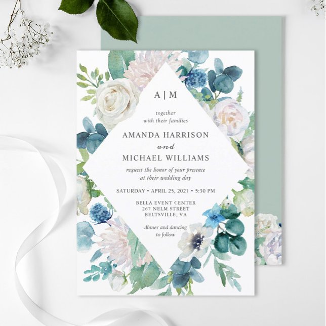 Convite de Casamento Floral Pastel Azul Sage Branc (Criador carregado)