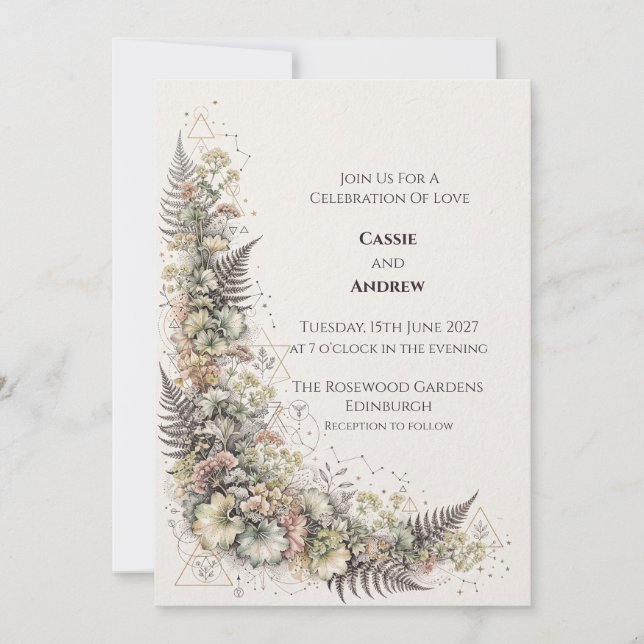 Convite de Casamento Floral Pastel com Samambaia (Frente)
