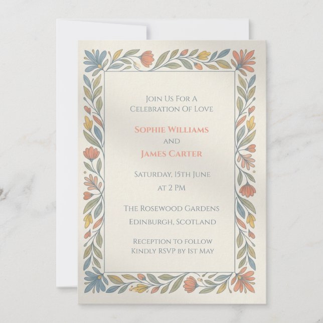 Convite de Casamento Floral Pastel Folk (Frente)