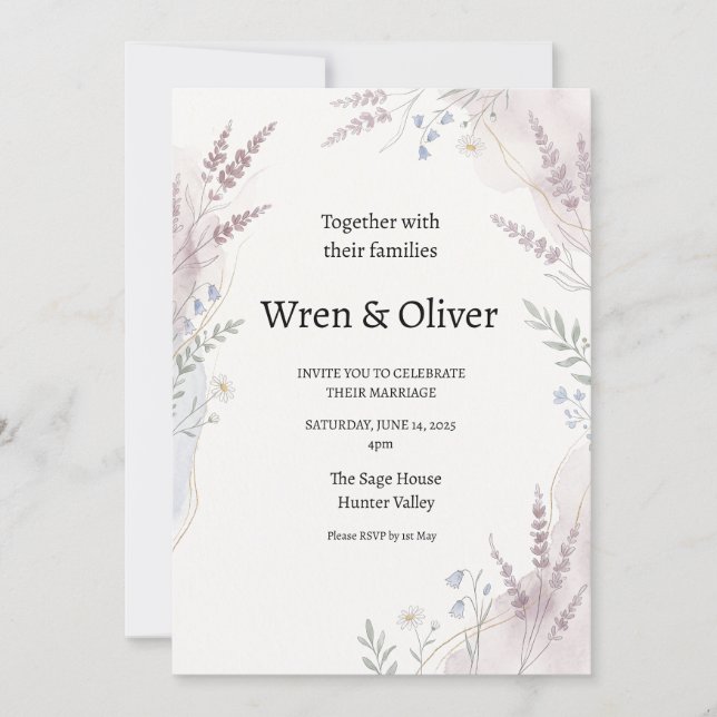 Convite de Casamento Floral Pastel Wildflower (Frente)