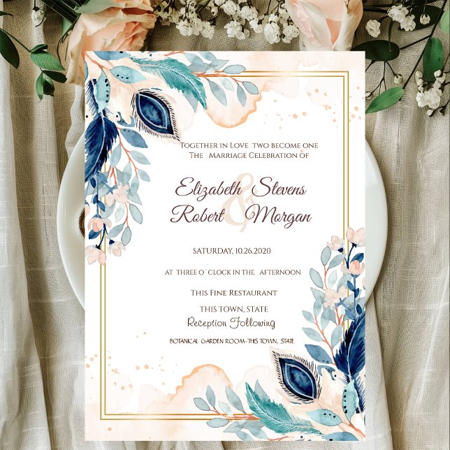 Convite de Casamento Floral Pavão Aquarela (Criador carregado)