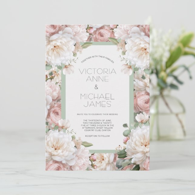 Convite de Casamento Floral Peônias Rosa (Em pé/Frente)