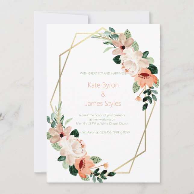 Convite de Casamento Floral Pêssego e Creme (Frente)