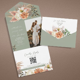 Convite de Casamento Floral Pêssego e Verde Salvia