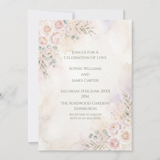 Convite de Casamento Floral Pêssego Suave (Frente)