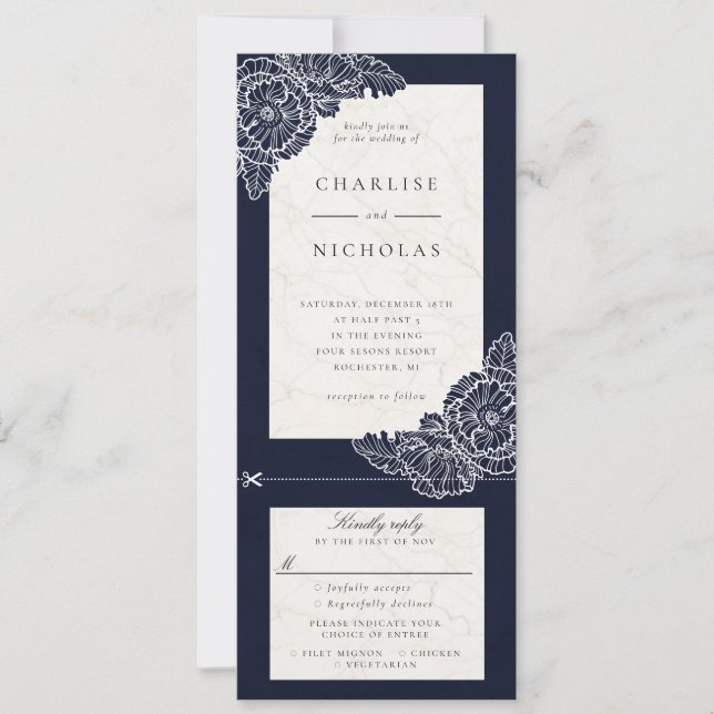 Convite de casamento floral poppies branco navy rs (Frente)