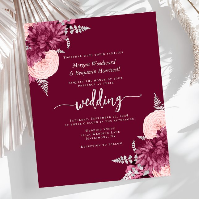 Convite de Casamento Floral Prata com Toque de Bor (Criador carregado)