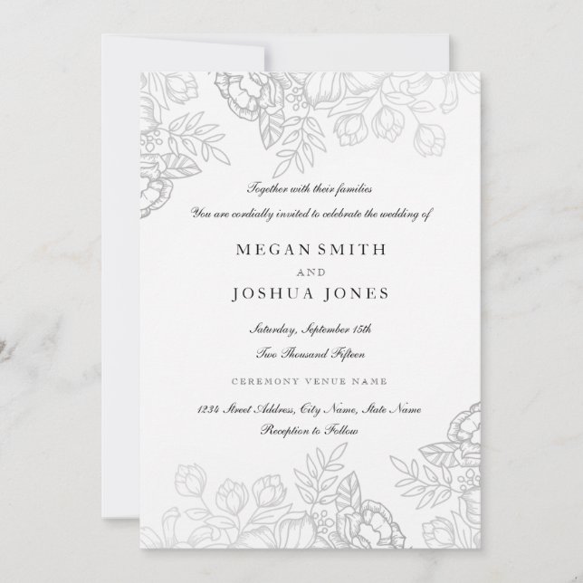Convite de Casamento Floral Prateado Elegante (Frente)