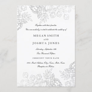 Convite de Casamento Floral Prateado Elegante