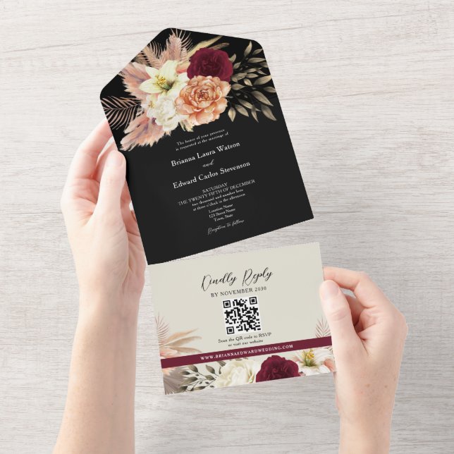 Convite de Casamento Floral Preto Borgonha Código  (Tearaway)