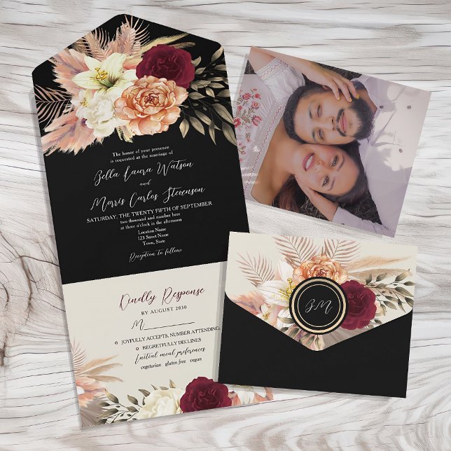 Convite de Casamento Floral Preto Borgonha Tudo em (Criador carregado)