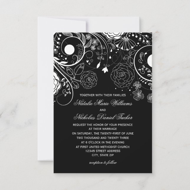 Convite de Casamento - Floral Preto/Branco 3x5 (Frente)