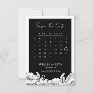 Convite de Casamento Floral Preto Branco Monograma