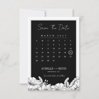 Convite de Casamento Floral Preto Branco Monograma