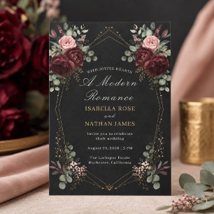 Convite de Casamento Floral Preto Burgundy Dourado