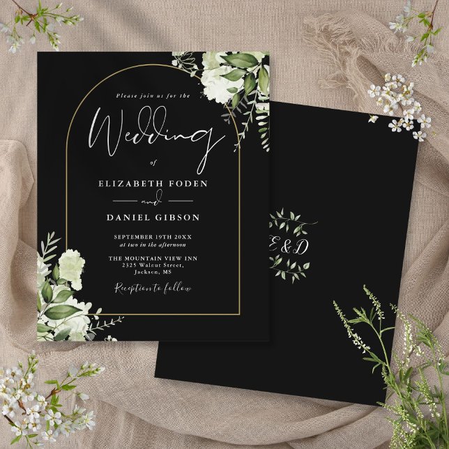 Convite de casamento Floral Preto E Arco Dourado (Budget Floral Black And Gold Arch Wedding Invite)