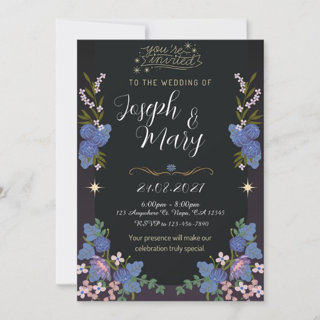 Convite de Casamento Floral Preto e Azul (Frente)