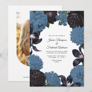 Convite de Casamento Floral Preto e Azul Empoeirad