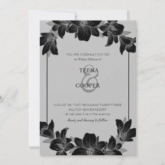 convite de casamento floral preto e branco