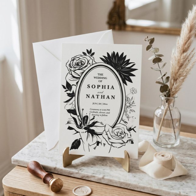 Convite de Casamento Floral Preto e Branco (Criador carregado)